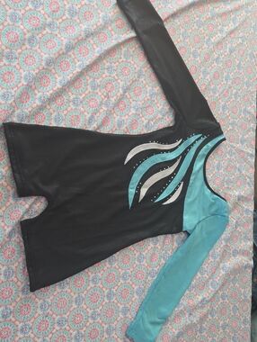 Black and Teal Long Sleeve Dance Top with Silver Accent